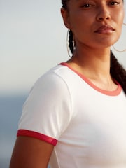 Red/White Slim Fit Ribbed Short Sleeve Crew Neck T-Shirt - Image 3 of 5