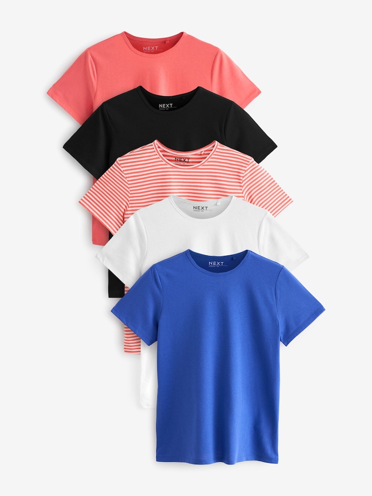 Black/White/Coral/Stripe/Cobalt Crew Neck Cotton Rich T-Shirt 5 Pack - Image 1 of 10