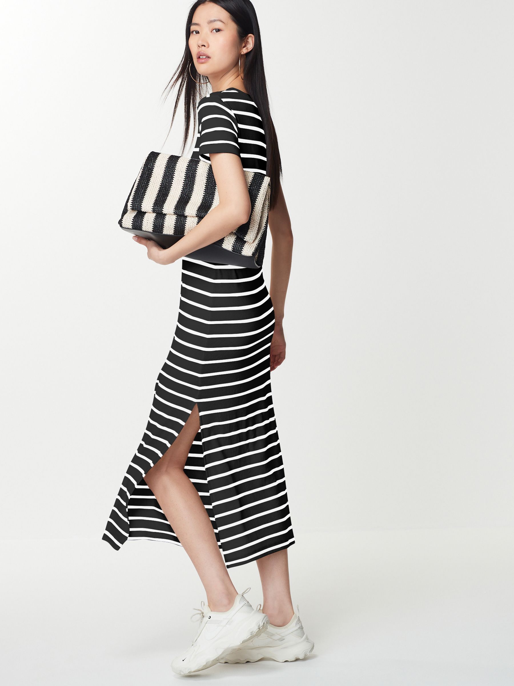 Buy Black White Ribbed T Shirt Style Column Maxi Dress With Slit Detail from the Next UK online shop