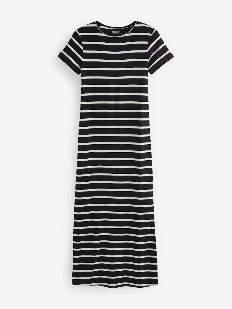 Black/White Ribbed T-Shirt Style Column Maxi Dress With Slit Detail - Image 6 of 7