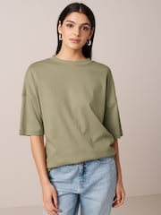 Khaki Green 100% Cotton Relaxed Fit Heavyweight Longline Crew Neck T-Shirt - Image 1 of 6