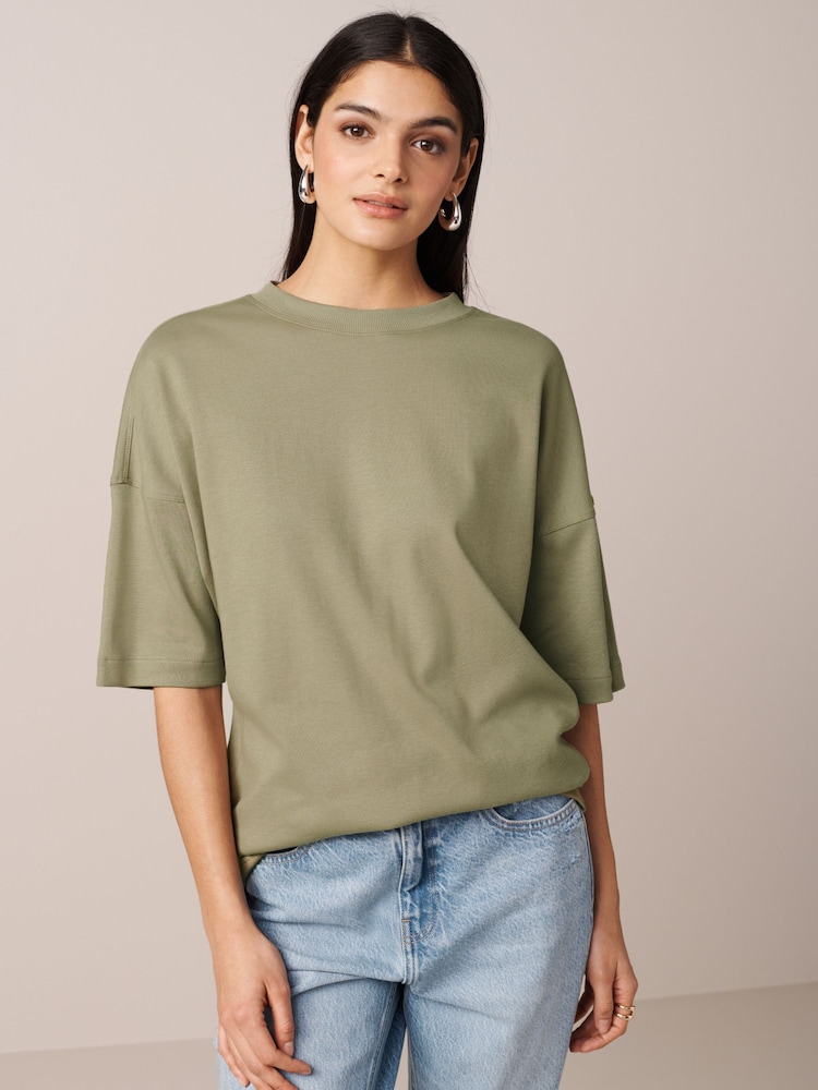 Khaki Green 100% Cotton Relaxed Fit Heavyweight Longline Crew Neck T-Shirt - Image 1 of 6
