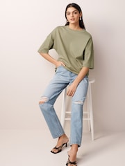 Khaki Green 100% Cotton Relaxed Fit Heavyweight Longline Crew Neck T-Shirt - Image 2 of 6