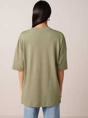 Khaki Green 100% Cotton Relaxed Fit Heavyweight Longline Crew Neck T-Shirt - Image 3 of 6