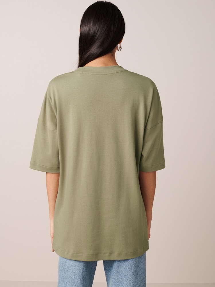 Khaki Green Relaxed Fit Heavyweight Longline T-Shirt - Image 3 of 6