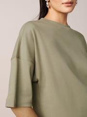 Khaki Green 100% Cotton Relaxed Fit Heavyweight Longline Crew Neck T-Shirt - Image 4 of 6