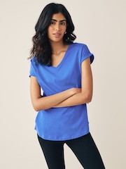 Blue Cobalt Shallow V-Neck 100% Cotton Rich Cap Sleeve T-Shirt - Image 3 of 6