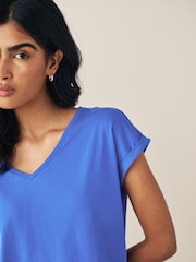 Blue Cobalt Shallow V-Neck 100% Cotton Rich Cap Sleeve T-Shirt - Image 4 of 6