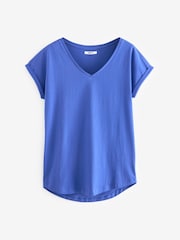 Blue Cobalt Shallow V-Neck 100% Cotton Rich Cap Sleeve T-Shirt - Image 5 of 6