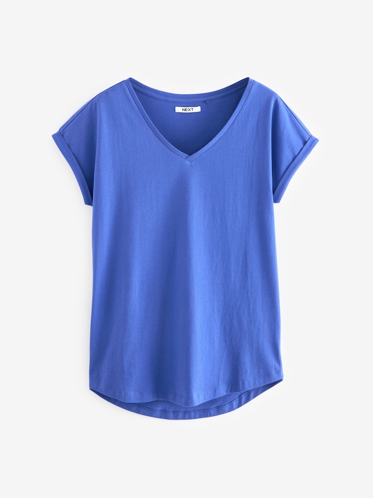 Blue Cobalt Shallow V-Neck 100% Cotton Rich Cap Sleeve T-Shirt - Image 5 of 6