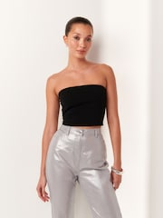 Black Shorter Length Cotton Rich Bandeau Boobtube Top - Image 2 of 6