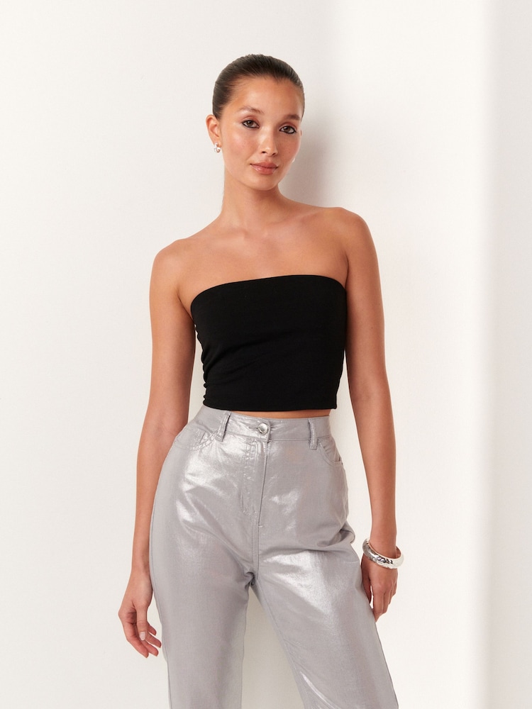 Black Shorter Length Cotton Rich Bandeau Boobtube Top - Image 2 of 6