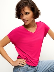 Pink Shallow V-Neck 100% Cotton Rich Cap Sleeve T-Shirt - Image 1 of 6