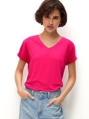 Pink Shallow V-Neck 100% Cotton Rich Cap Sleeve T-Shirt - Image 2 of 6