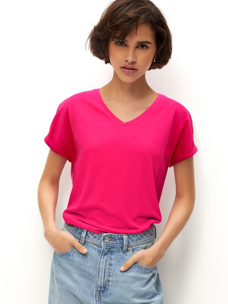 Pink Shallow V-Neck 100% Cotton Rich Cap Sleeve T-Shirt - Image 2 of 6