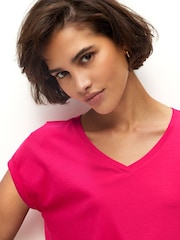 Pink Shallow V-Neck 100% Cotton Rich Cap Sleeve T-Shirt - Image 4 of 6