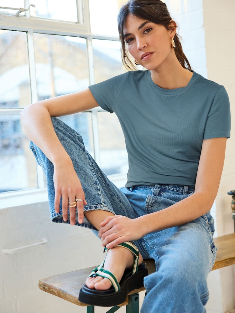 Blue Soft Touch Ribbed Short Sleeve T-Shirt with TENCEL™ Lyocell - Image 2 of 6