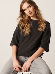 Charcoal Grey 100% Cotton Relaxed Fit Heavyweight Longline Crew Neck T-Shirt - Image 1 of 7