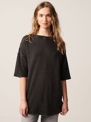 Charcoal Grey 100% Cotton Relaxed Fit Heavyweight Longline Crew Neck T-Shirt - Image 3 of 7