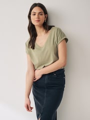 Olive Green Shallow V-Neck 100% Cotton Rich Cap Sleeve T-Shirt - Image 1 of 6