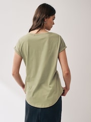 Olive Green Shallow V-Neck 100% Cotton Rich Cap Sleeve T-Shirt - Image 2 of 6