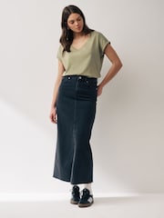 Olive Green Shallow V-Neck 100% Cotton Rich Cap Sleeve T-Shirt - Image 3 of 6