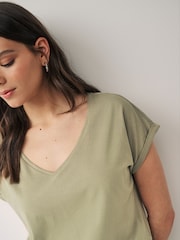 Olive Green Shallow V-Neck 100% Cotton Rich Cap Sleeve T-Shirt - Image 4 of 6