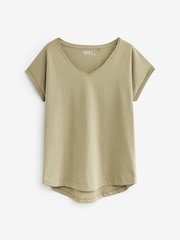 Olive Green Shallow V-Neck 100% Cotton Rich Cap Sleeve T-Shirt - Image 5 of 6