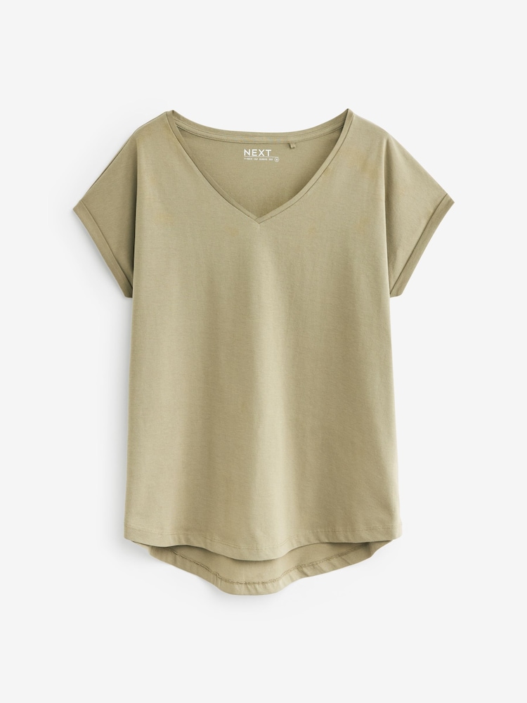 Olive Green Shallow V-Neck 100% Cotton Rich Cap Sleeve T-Shirt - Image 5 of 6