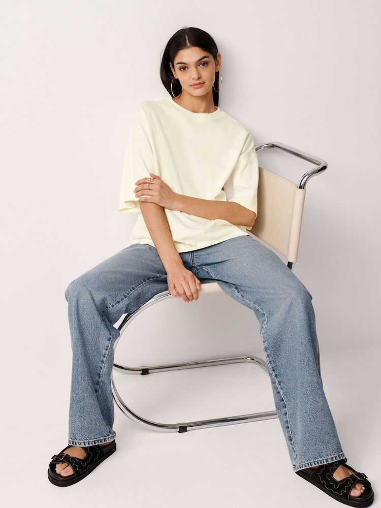 Ecru White Relaxed Fit Heavyweight Longline Crew Neck 100% Cotton T-Shirt - Image 2 of 6