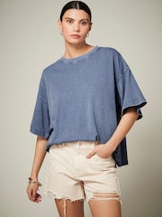 Blue Wash Oversized Relaxed Fit Boxy Heavyweight Crew Neck T-Shirt - Image 1 of 6