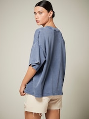 Blue Wash Oversized Relaxed Fit Boxy Heavyweight Crew Neck T-Shirt - Image 3 of 6