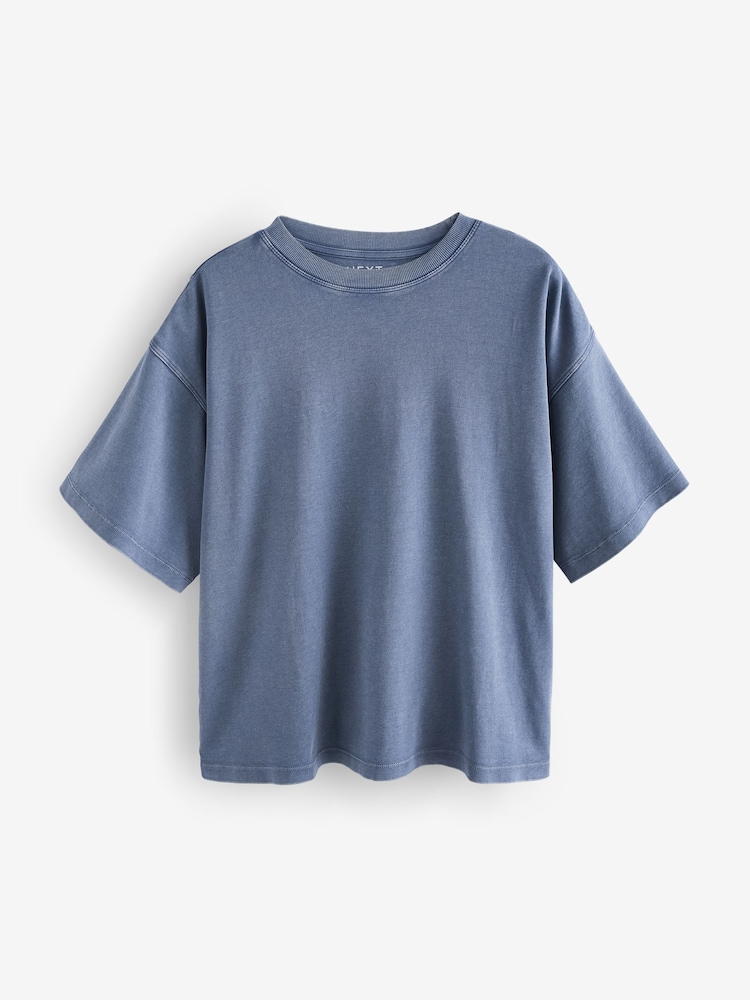 Blue Wash Oversized Relaxed Fit Boxy Heavyweight Crew Neck T-Shirt - Image 5 of 6