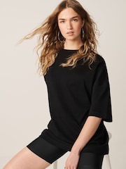 Black 100% Cotton Relaxed Fit Heavyweight Longline Crew Neck T-Shirt - Image 1 of 7