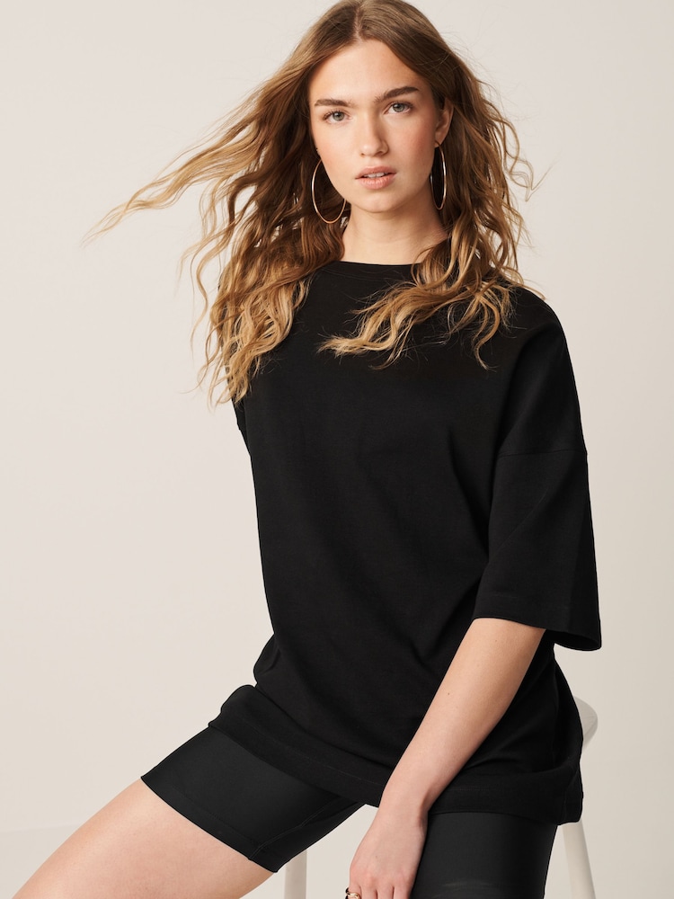 Black 100% Cotton Relaxed Fit Heavyweight Longline Crew Neck T-Shirt - Image 1 of 7