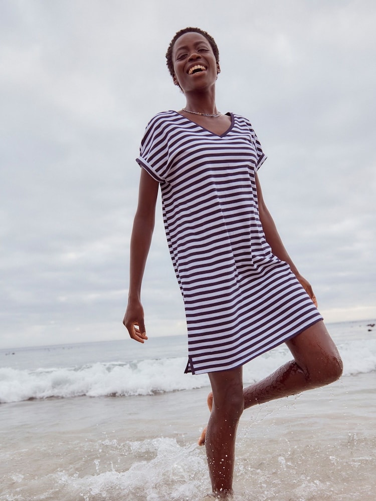 Navy/White 100% Cotton Relaxed V-Neck Capped Sleeve Tunic Dress - Image 1 of 7