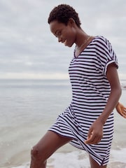 Navy/White 100% Cotton Relaxed V-Neck Capped Sleeve Tunic Dress - Image 2 of 7