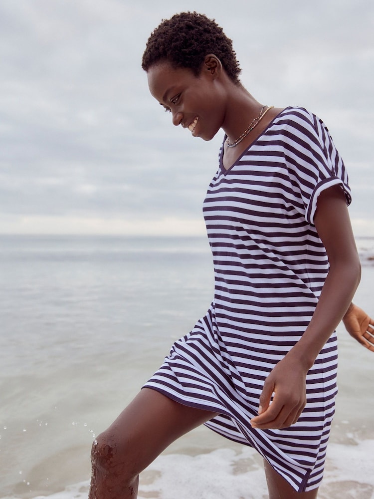 Navy/White 100% Cotton Relaxed V-Neck Capped Sleeve Tunic Dress - Image 2 of 7 Navy/White 100% Cotton Relaxed V-Neck Capped Sleeve Tunic Dress - Image 2 of 7