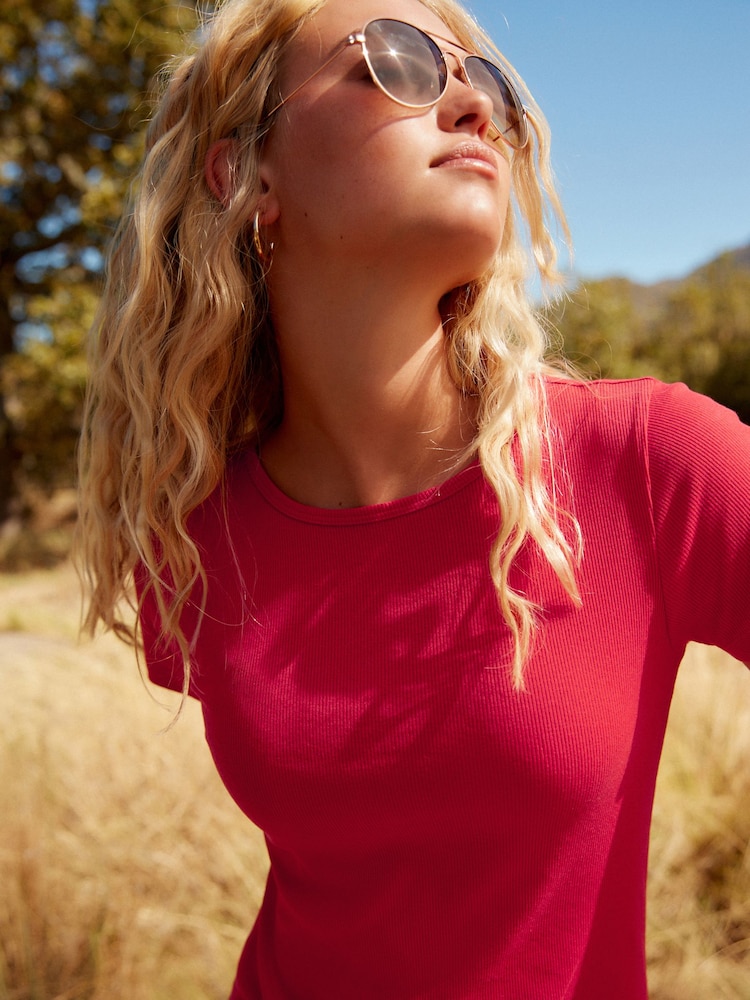 Red Ribbed T-Shirt Style Column Maxi Dress With Slit Detail - Image 4 of 7