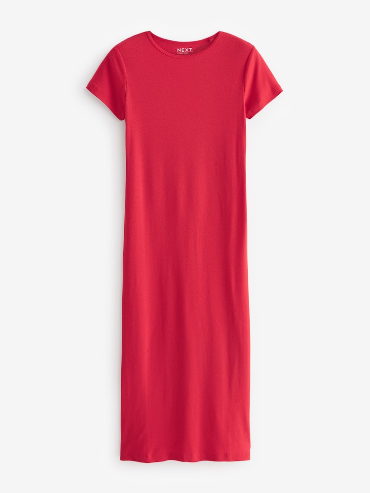 Red Ribbed T-Shirt Style Column Maxi Dress With Slit Detail - Image 6 of 7
