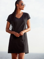 Black 100% Cotton Relaxed V-Neck Capped Sleeve Tunic Dress - Image 1 of 5