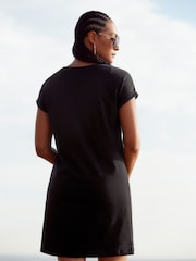Black 100% Cotton Relaxed V-Neck Capped Sleeve Tunic Dress - Image 2 of 5