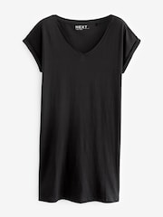 Black 100% Cotton Relaxed V-Neck Capped Sleeve Tunic Dress - Image 4 of 5