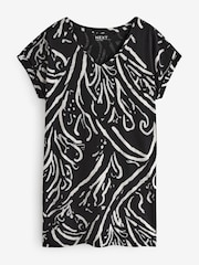 Black/White 100% Cotton Relaxed V-Neck Capped Sleeve Tunic Dress - Image 1 of 2