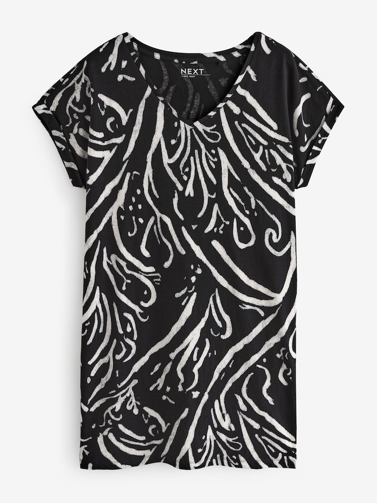Black/White 100% Cotton Relaxed V-Neck Capped Sleeve Tunic Dress - Image 1 of 2