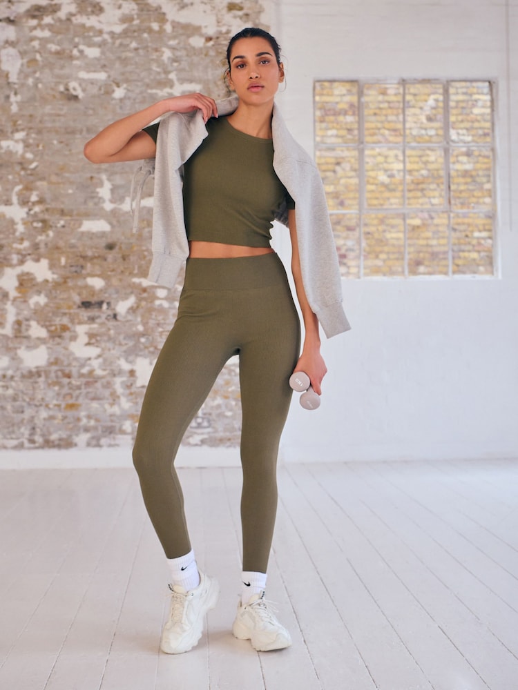 Khaki Green Ribbed Seamless High Waist Leggings - Image 2 of 7
