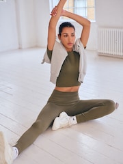 Khaki Green Ribbed Seamless High Waist Leggings - Image 3 of 7