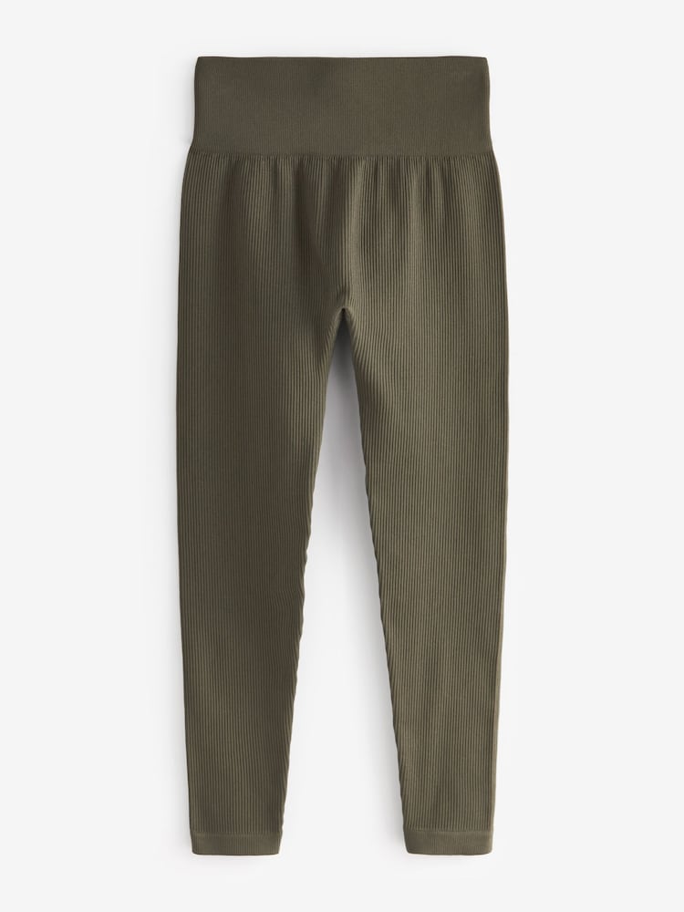 Vert kaki - Côtelé sans couture Taille haute Leggings - Image 6 of 7
