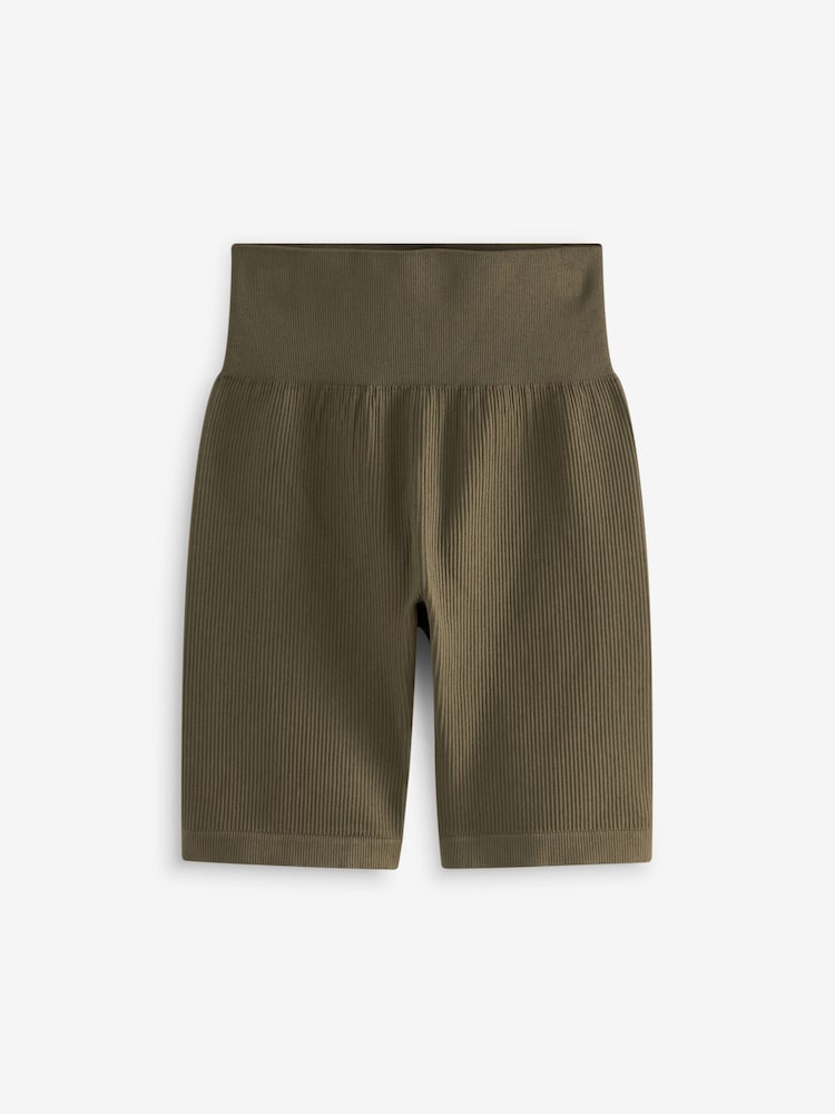 Khaki Green High Waist Ribbed Cycling Shorts - Image 5 of 6