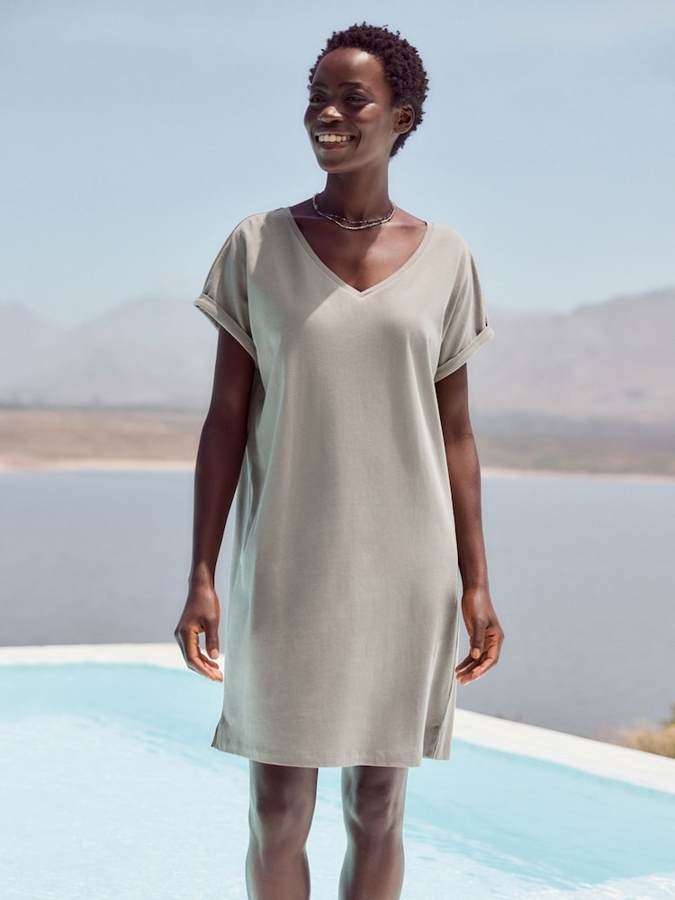 Olive Green 100% Cotton Relaxed V-Neck Capped Sleeve Tunic Dress - Image 1 of 5
